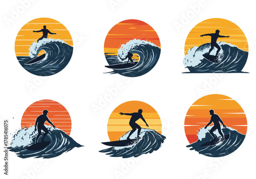 Surfing vector illustration set with sunset ocean waves, surfer silhouettes riding sea water, tropical beach adventure design, summer sport and travel concept