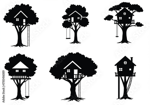 Treehouse vector illustration collection, black silhouette design of trees with ladders and swings, creative outdoor childhood playhouse concept, nature adventure artwork