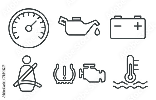 Car dashboard icons: speedometer, oil, battery, seatbelt, tire, engine, temperature