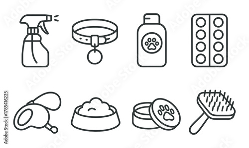 Pet care essentials icons: collar, shampoo, brush, bowl, bottle, tablets, leash