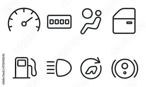 Darkened automotive dashboard icons for fuel, speed, and control indicators