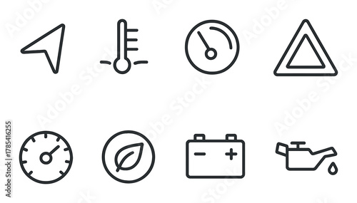 Dashboard icons: gauge, warning, temperature, navigation, eco, battery, oil