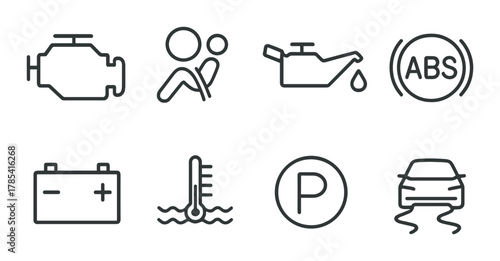 Car dashboard warning lights: engine, airbag, oil, abs, battery, temperature, parking, traction