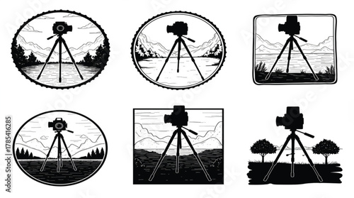 Camera on tripod silhouette vector illustration, mountain landscape nature scene, outdoor photography concept, adventure travel, creative art design for photographers and designers