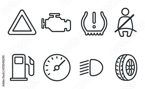 Car dashboard warning icons: engine, tire pressure, fuel gauge, speedometer, headlights