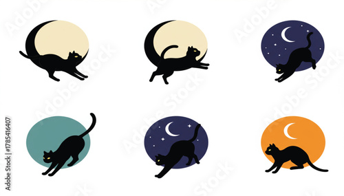 Black cat with moon vector illustration set, mystical feline silhouette collection, night animal art design concept for magic, Halloween, witchcraft, and decoration themes