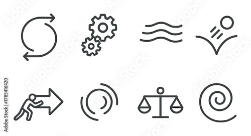 Black and white business process and strategy icons set on metallic background