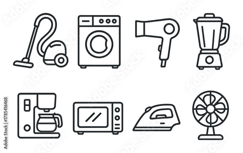 Collection of essential home appliances icons in minimalistic design