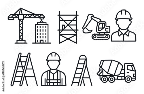Construction icons: crane, scaffolding, excavator, worker, cement truck, ladder