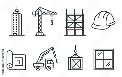 Construction elements icons set with buildings, crane, hard hat, tools, and blueprint