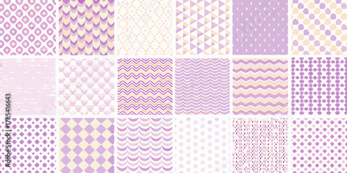 Collection of seamless pastel purple and yellow abstract geometric and organic patterns