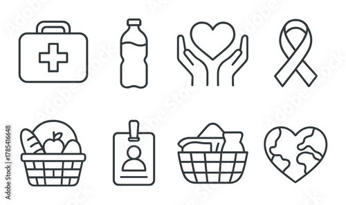 Charity and health icons: first aid, water bottle, heart, ribbon, food basket, id badge, laundry, earth