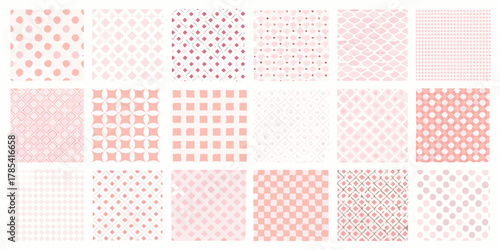 Collection of twenty four seamless pink and white abstract geometric patterns and textures