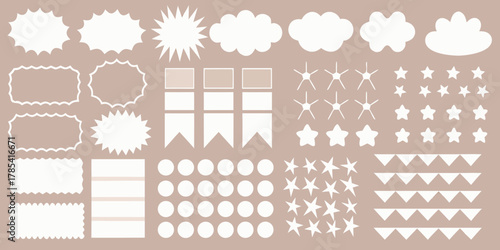 Collection of white decorative elements including speech bubbles clouds stars and flags on a neutral background