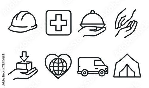 Humanitarian aid icons collection reflecting relief efforts and support activities