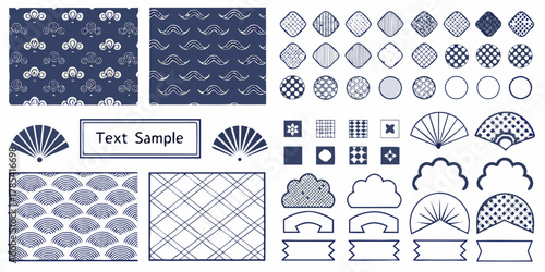 Collection of japanese traditional patterns and motifs in blue and white
