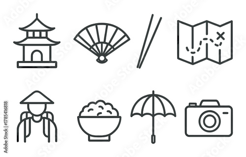 Cultural icons of asia: pagoda, fan, chopsticks, map, rice bowl, umbrella, camera