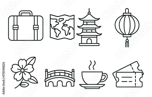 Travel icon set: luggage, map, pagoda, lantern, flower, bridge, coffee, tickets