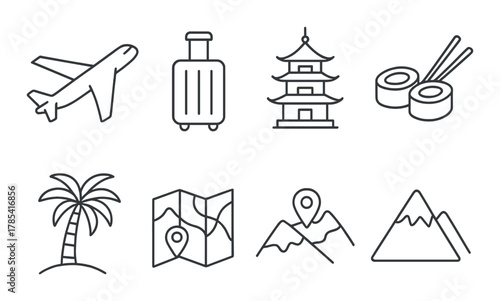 Travel icons collection: airplane, luggage, pagoda, sushi, palm tree, map, mountain