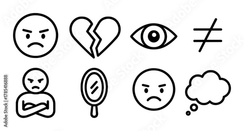 Emotional icons set: anger, heartbreak, observation, reflection, thoughts