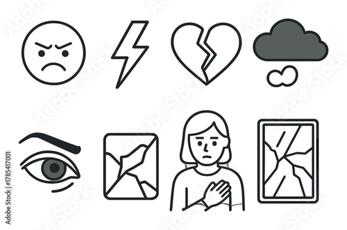 Monochrome emotional icons featuring sad female with symbols of sadness and anxiety