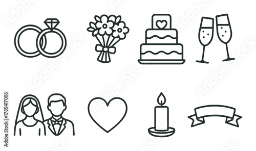 Elegant wedding icon set featuring rings, flowers, cake, and bride and groom silhouettes