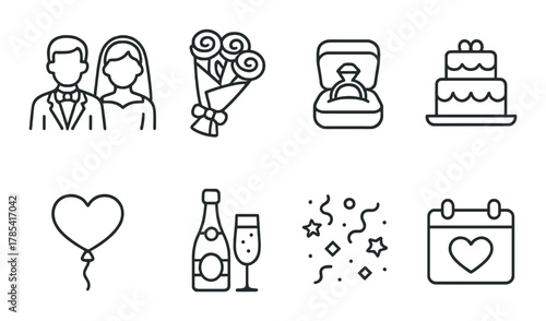 Wedding icon set: bride groom rings cake calendar flowers celebration