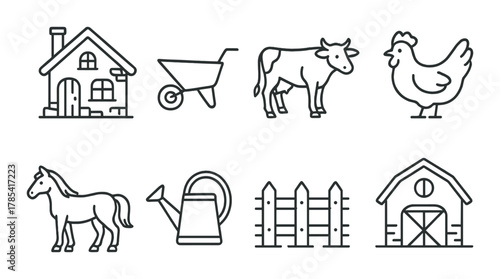 Farm icons: house, wheelbarrow, cow, chicken, horse, watering can, fence, barn