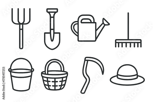 Vector icons of garden tools: shovel, rake, watering can, hat, scythe, fork, baskets