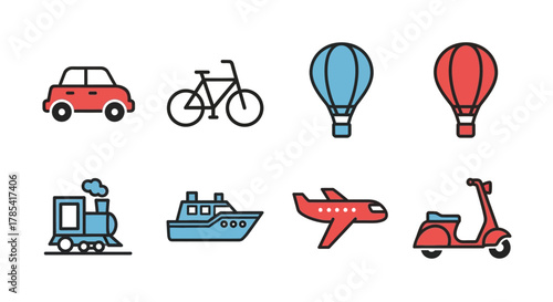 A collection of stylized transportation icons. Includes a car, bicycle, hot air balloons, train, boat, airplane, and scooter. Each is represented with simple shapes and bold outlines