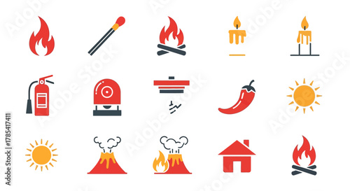 A collection of simple, stylized icons. Themes fire, sun, a match, a chili, a house and eruptions. Some icons are related to fire safety