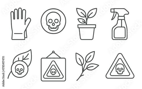 Gardening safety icons: glove, skull, potted plant, spray bottle, warning signs