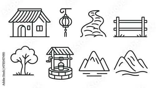 Minimalist asian landscape icons - house, lantern, path, fence, tree, well, mountains