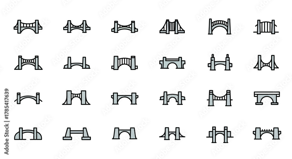Fototapeta premium Collection of stylized bridge illustrations with varied designs and construction, presented in a colorful, flat, outlined style. Features arched, suspension, and truss types