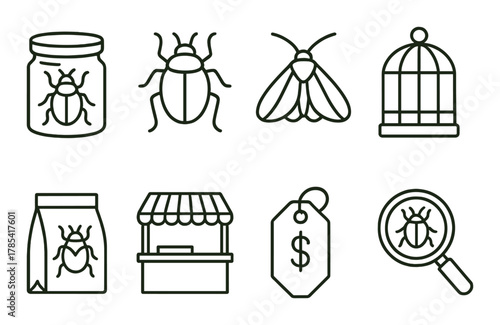 Insect icon set with beetle, moth, and market elements on olive background