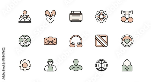 A collection of fifteen minimalist, flat design icons in a pastel color palette. Icons include a gear, heart, globe, person, and abstract shapes, all with simple black outlines