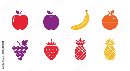 A collection of stylized fruits in vibrant colors, arranged in two rows of four, set against a plain white background. The fruits include an apple, plum, banana, orange, grapes, strawberry, pineapple