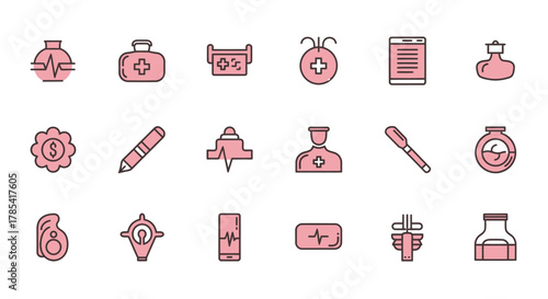 A set of pink and brown outlined icons, representing medical equipment and tools. The illustrations are uniform and minimalist, suggesting healthcare or science themes