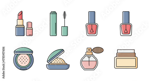 An array of cosmetics illustrations, featuring lipstick, mascara, nail polish, face powder, perfume, and a cream jar, all with pastel color palettes and minimalist outlines