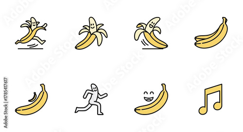 A collection of stylized, cartoon-like bananas and a stick figure, some with faces and motion, along with a musical note, rendered with black outlines