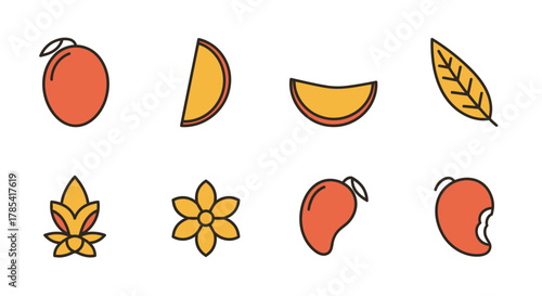 Illustrated set showcasing fruits, leaves, and flowers in a flat, outlined style. The composition includes whole and sliced fruit, stylized floral elements, and a leaf, all in a warm color palette