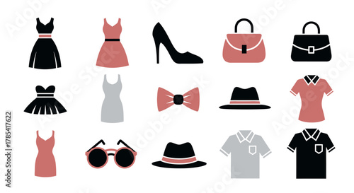 Vector illustration featuring various clothing items and accessories, including dresses, bags, shoes, and hats, in a flat design style, using minimalist color palette