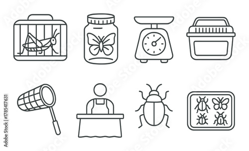 Insect care tools and equipment icons on dark background