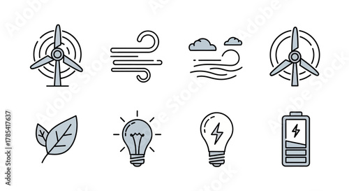 A collection of simple icons representing renewable energy sources. Depicted are wind turbines, wind, clouds, leaves, light bulbs and a battery. All are in a minimalist, flat style