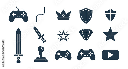 Collection of various, dark blue icons, including game controllers, a sword, a crown, shields, stars, a diamond, a joystick, and a play button