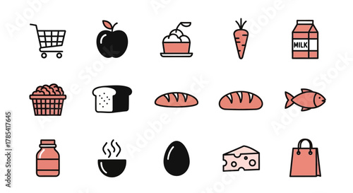Vector illustration featuring various food icons, including fruits, vegetables, baked goods, and dairy products. A shopping cart and bag suggest retail or grocery themes