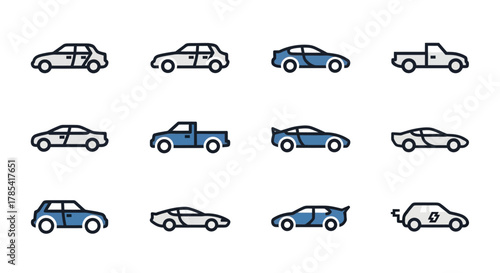 A collection of stylized car illustrations, showcasing various vehicle types and designs with blue and white color schemes. One represents an EV