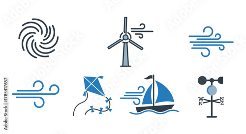 Collection of stylized icons representing elements and effects of wind. Includes a hurricane, windmill, wind streaks, kite, sailboat and weather vane, all in blue and gray