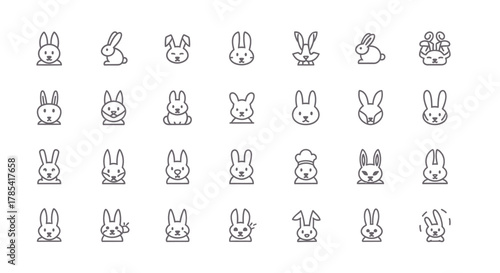 Collection of stylized line-art bunny illustrations in various poses and expressions. Includes full and partial body shots, some with hats or details like a peace sign. All on white background