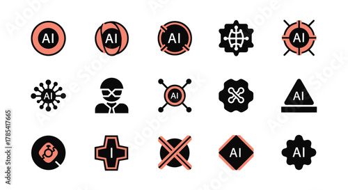 A collection of various stylized icons with the letters "AI" within, suggesting themes of artificial intelligence, technology, and futuristic concepts, each set against a black and coral background